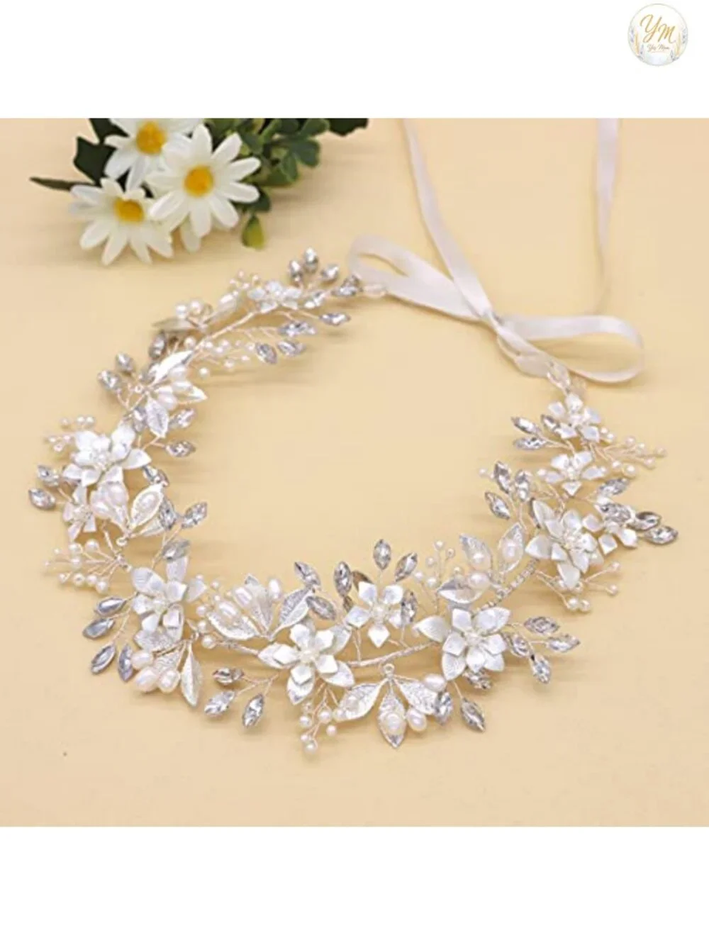 Bridal Headband Flower Pearl Ribbon Hair Accessory Wedding Headpiece